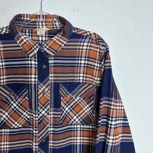 Duluth Trading Co Button Front Flannel Shirt‎ Womens 2X Orange Blue Plaid Cotton